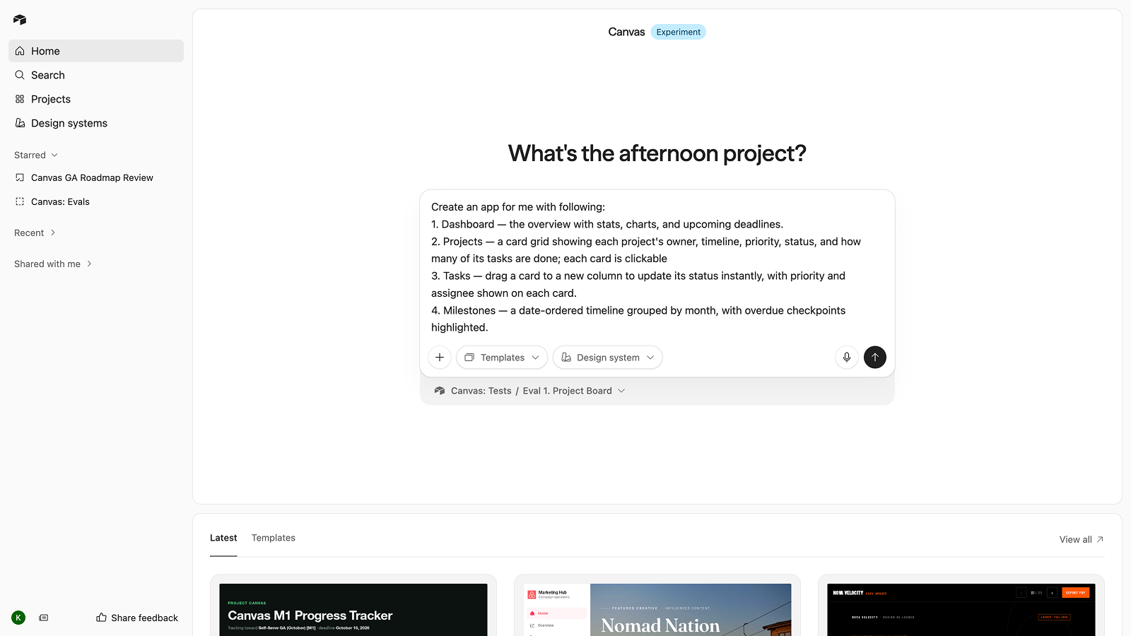 Canvas homepage with an app prompt in the composer