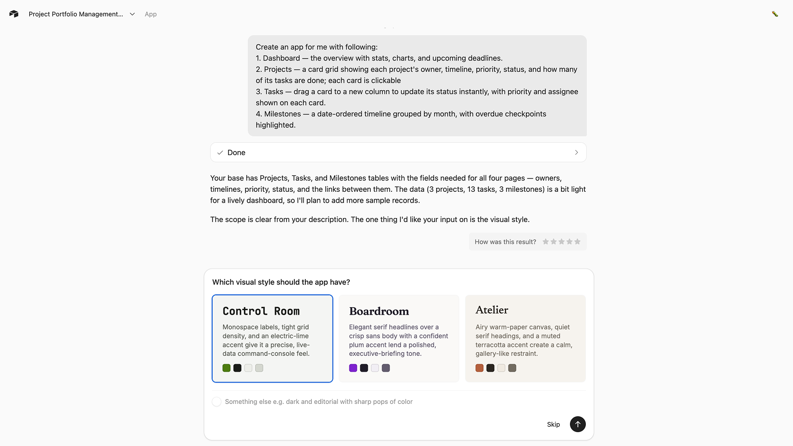 Canvas asking the user to choose a visual direction before building