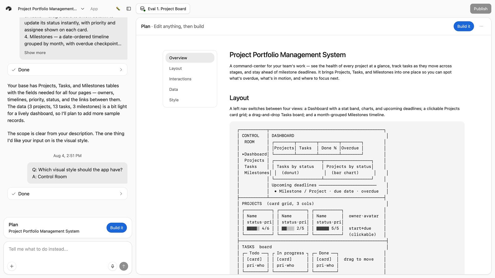 Canvas showing an editable plan for a project portfolio app