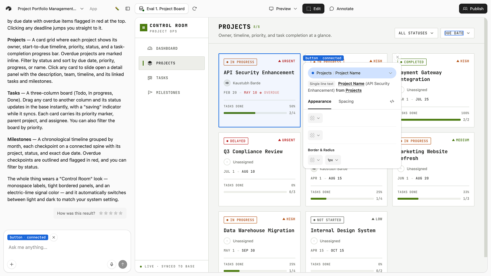 Canvas visual editor inspecting the data and appearance of a dashboard component