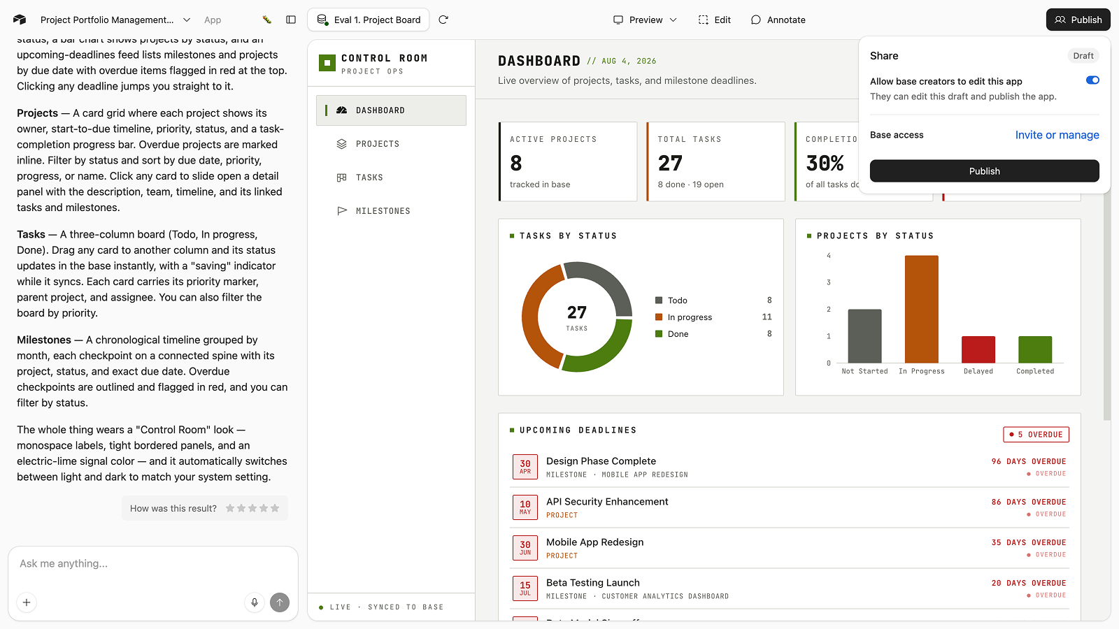 Finished Canvas app with team sharing controls open