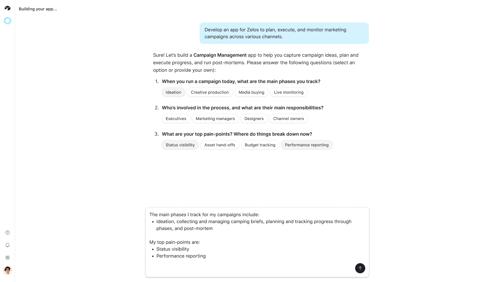 AI clarifying questions dialog